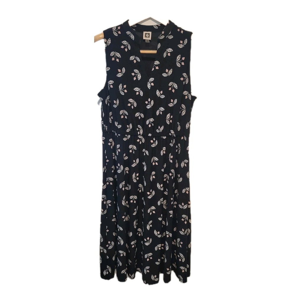 Anne Klein Dress Women 12 Black Pink Cherries Fit Flare Elastic Waist Feminine
